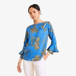 Ann Taylor Blouse Floral Print Boatneck Blue XS Flounce Sleeve Office Siren